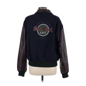 RARE Vintage Hard Rock Cafe Paris Bomber Jacket Brown Leather Navy Blue Medium